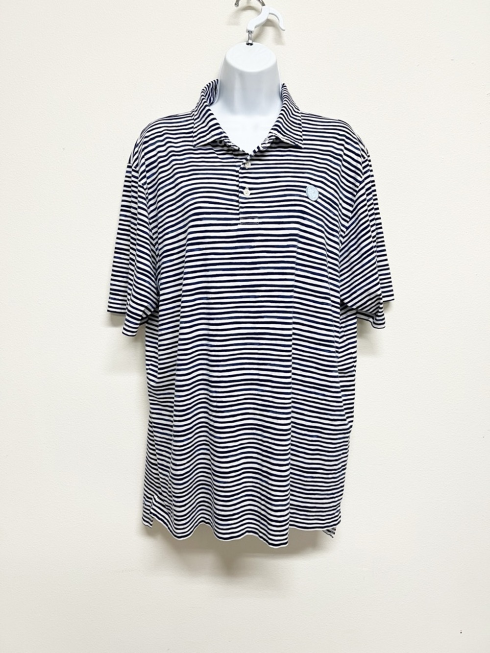 B Draddy Mens Navy White Striped Short Sleeve Polo Shirt Size L - Picture 1 of 11